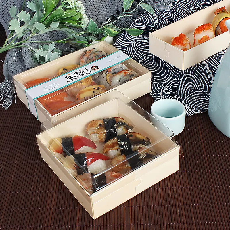 Boîte à Dessert jetable pliable en bois, boîte à Sandwich à gâteau à emporter fromage Sushi plateau de collecte avec couvercle transparent