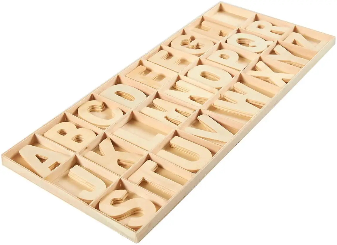 Letras de madeira artesanal, conjunto de 104 peças letras de madeira com bandeja de armazenamento para decoração de casa, brinquedo para crianças