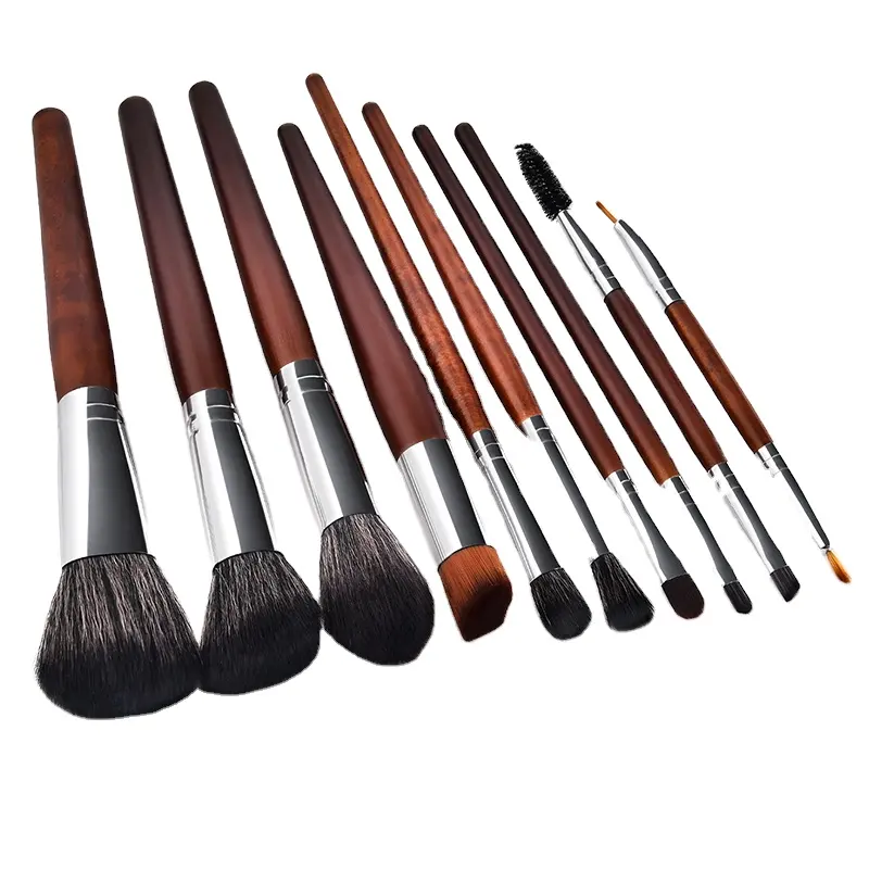 wholesale natural hair brown makeup brushes set high quality 10 pcs Brush kit for make up concealer foundation