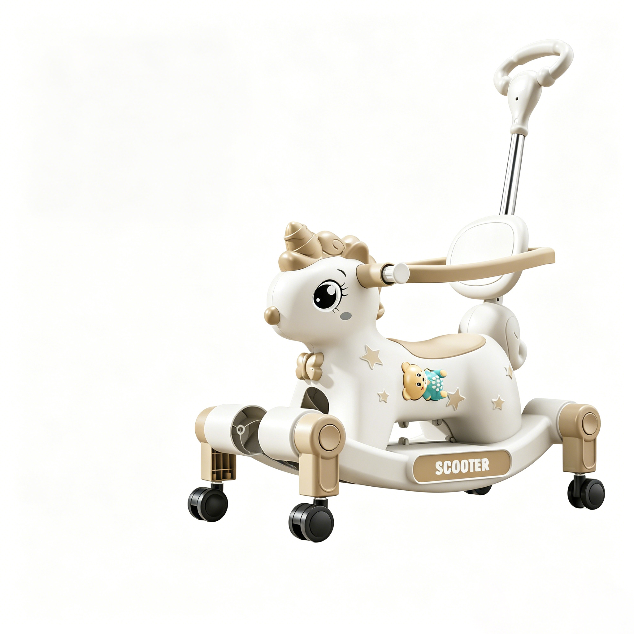Grand coffret cadeau - jouet coulissant 3 en 1 marron + tige de poussée + cheval à bascule