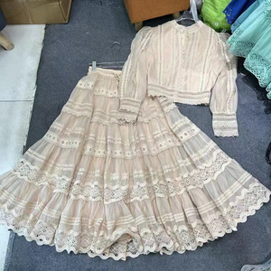 Spring New Arrival Solid Color French Lace Patchwork Puff Sleeve Shirt and Maxi Skirt Suits <strong>Set</strong> <strong>Two</strong> Pieces Woman - Product Image 3