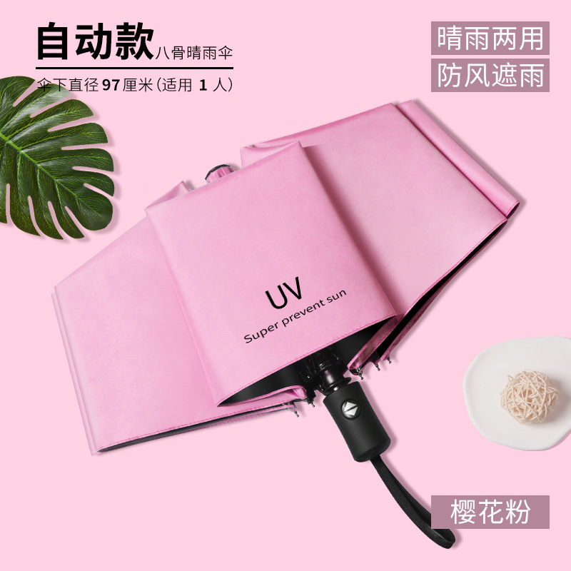 parapluie automatique en caoutchouc noir à 8 nervures-rose d'été