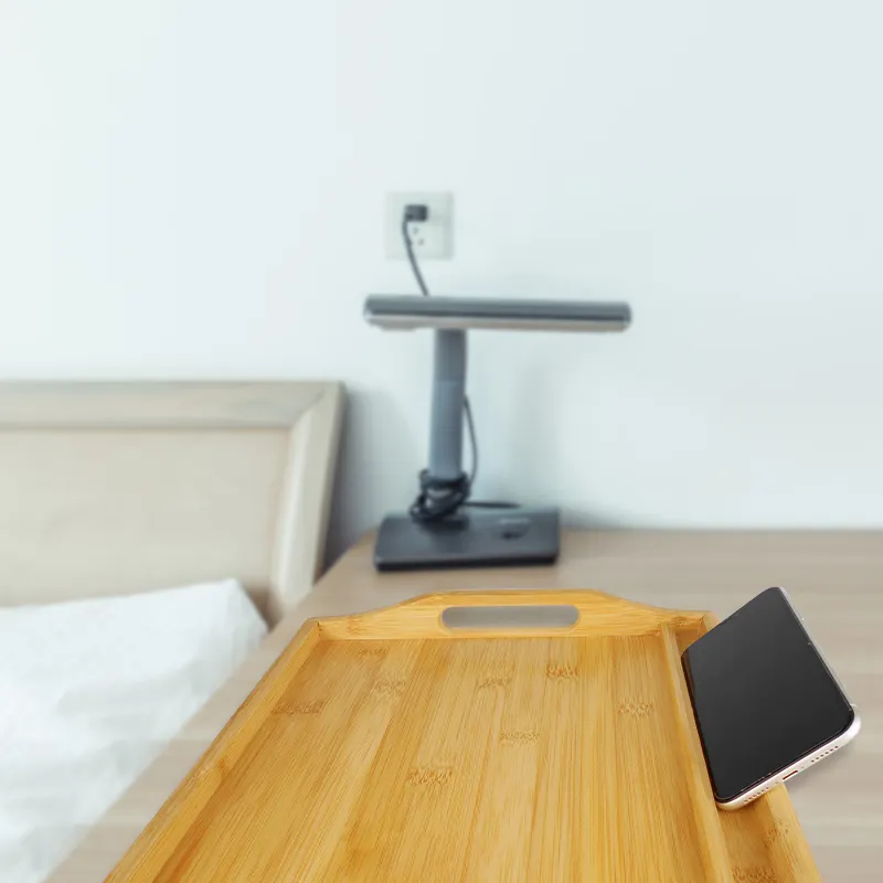 Mesa de madera plegable de bambú para desayuno, juego de bandeja para comida con soporte para tableta y teléfono móvil