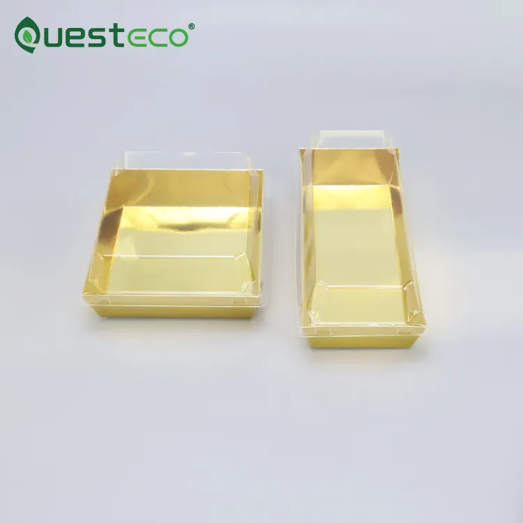 صندوق ورقي مربع تعبئة كعكة رخيص الثمن يمكن التخلص منه مخصص ذهبي اللون بغطاء بلاستيكي صندوق مستطيل تعبئة كعكة