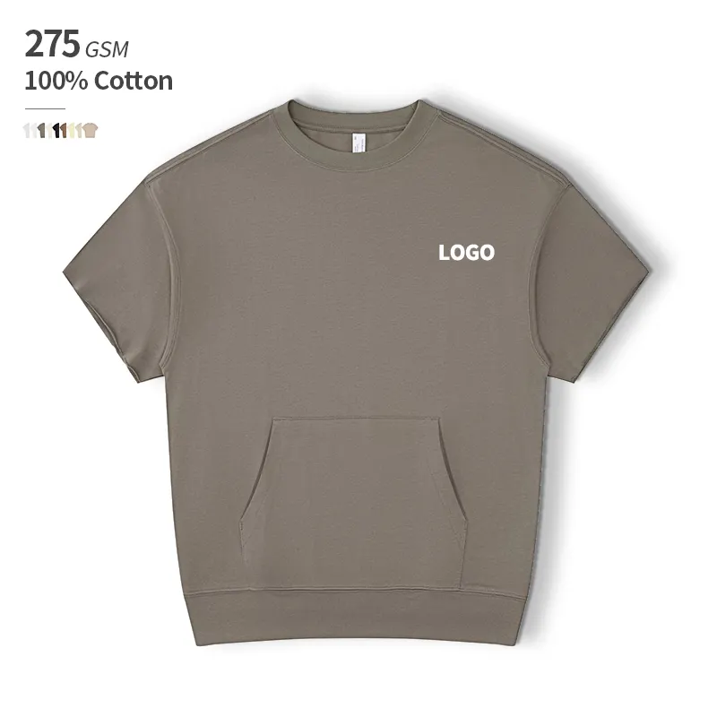 275 GSM 100% katun Ribbed Hem lengan potong Logo kustom cetak sesuai permintaan T Shirt pria dengan saku