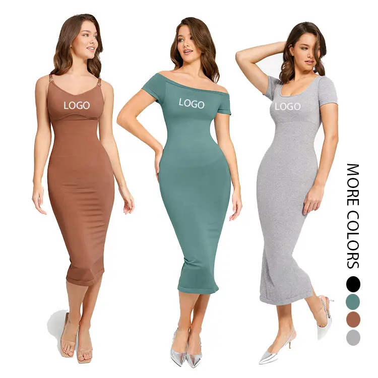 Venta al por mayor dropshipping nuevo 2023 transpirable cuello cuadrado bodycon MIDI construido en fajas vestido largo casual vestidos de mujer