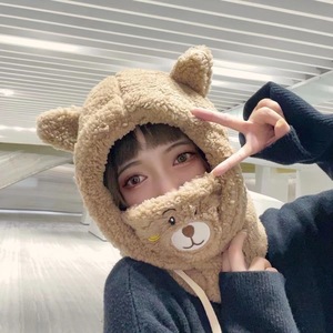 男女兼用ポリエステル厚手カシミア可愛いクマ肌にやさしい暖かいフルカバービーニーハットスカーフマスク3個冬用セット