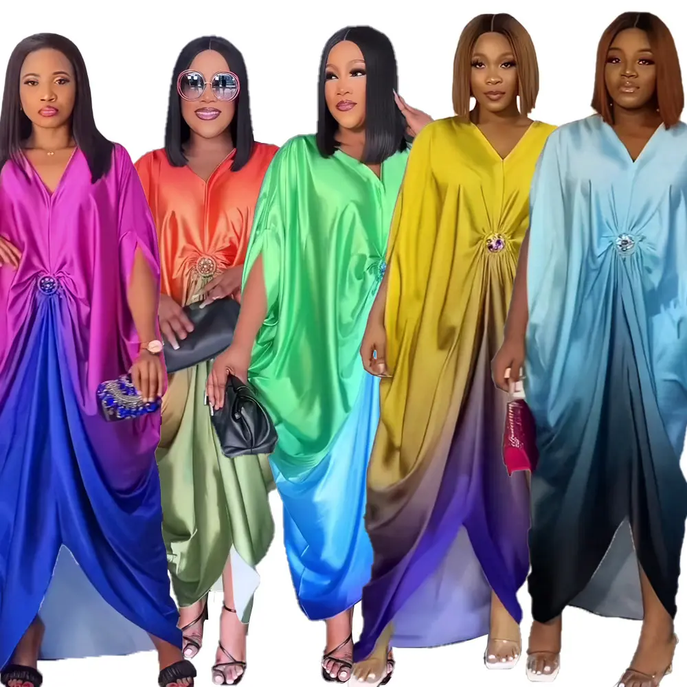 Satin Plus Size African Oversized Women's Artificial Silk Bat Sleeve V-Neck Circular Hot Diamond Belt Dress
