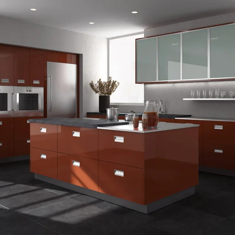 Новый классический стиль термитный деревянный изогнутый прочный кухонный шкаф с раковиной и холодильником