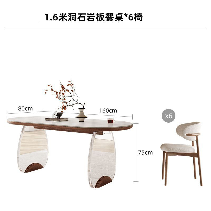 Mesa de comedor de losa de travertino de 1,6 m con 6 sillas