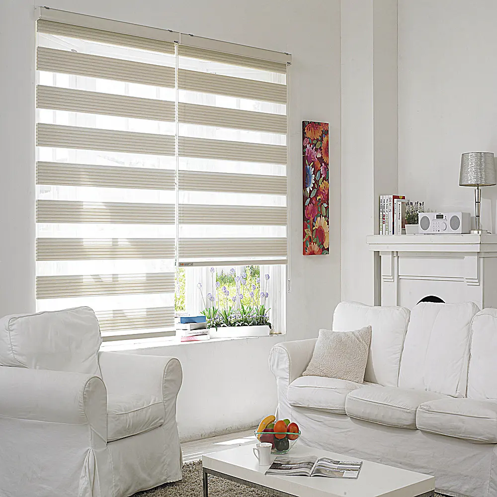 Nouveau Style Naturel de Haute Qualité Canada Intérieur Horizontal Fenêtre Blackout Double Rouleau Shades Taille Personnalisée Électrique Zebra Stores