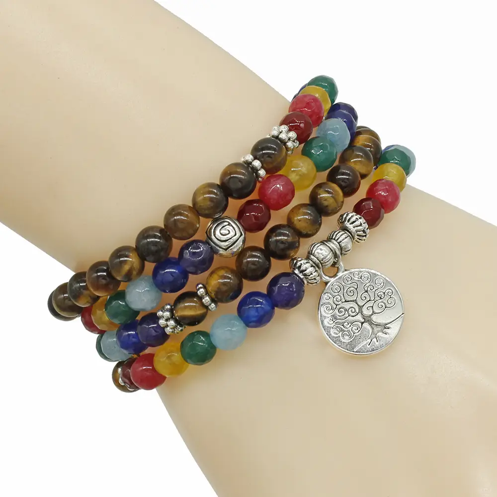 Nouveau collier de perles 108 oeil de tigre en pierre mate bracelet multicouche de roue de yoga série à sept impulsions