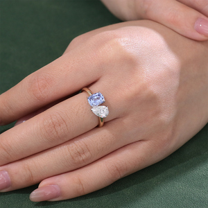 ラボで栽培されたダイヤモンドリングアクアマリン14Kイエローゴールド2ストーンリング結婚記念日ギフトファインジュエリーカスタマイズ可能多用途