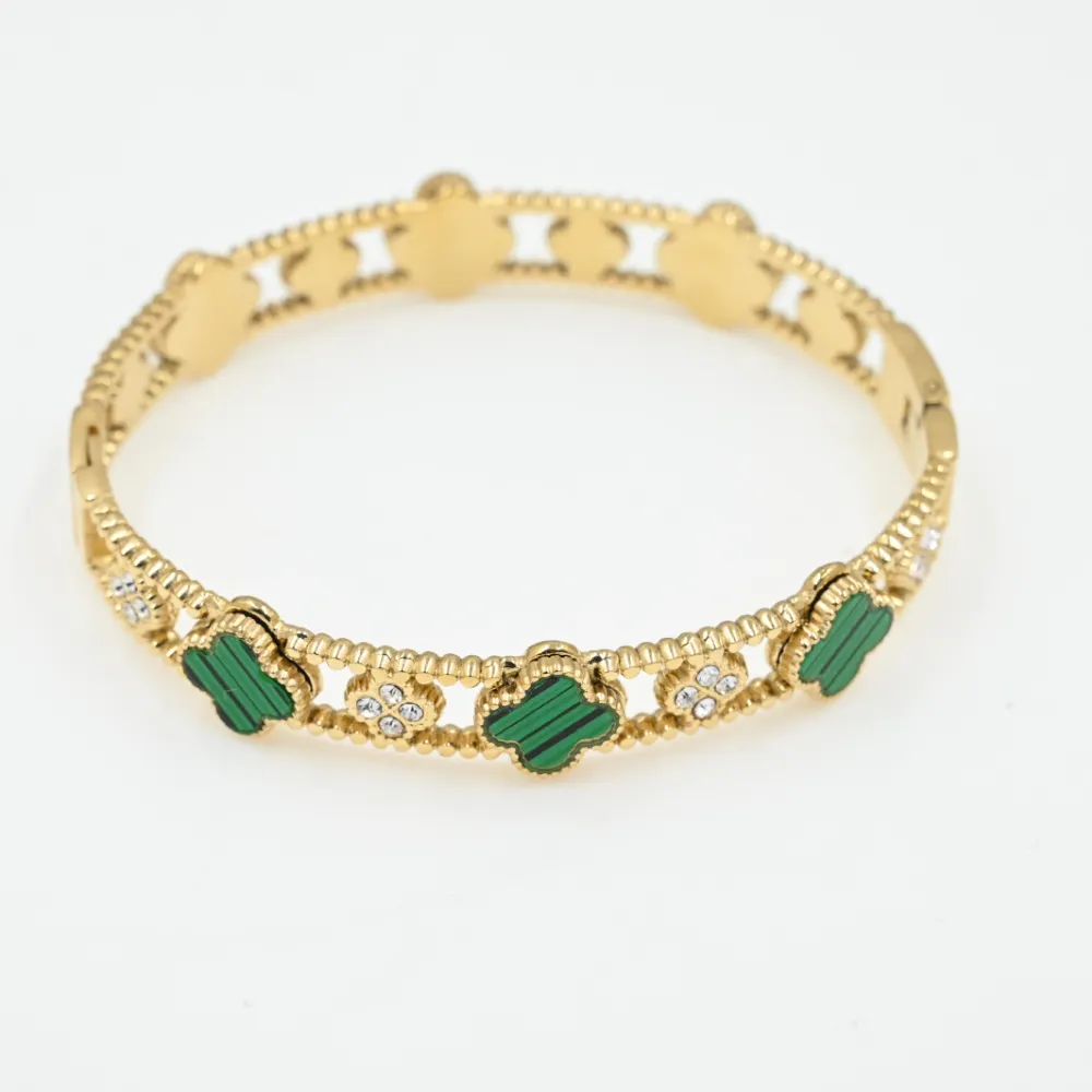 Designer Gold Plated Stainless Steel Clover Zircon Cuff Bangles Bracelet Women Men Jewelry Bijoux En Acier Inoxydable