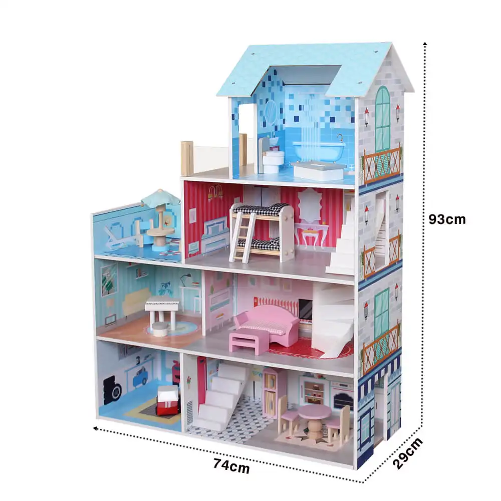 Amazon hot sale role play interactive pretend play wooden doll house with 16pcs miniature furniture doll house accessories