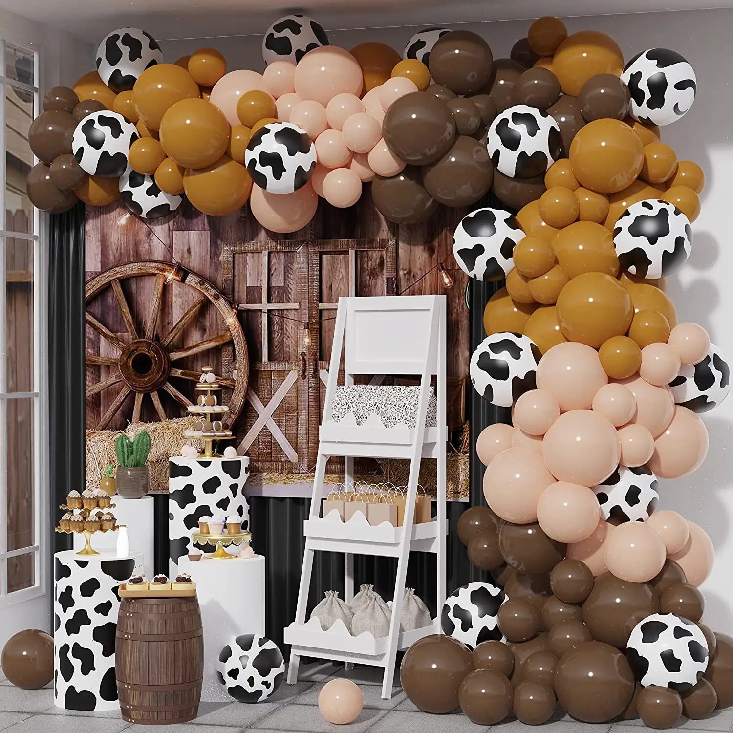 Kit de arco de guirnalda de globos de vaca con rubor marrón neutro, decoración para fiesta de cumpleaños, Baby Shower, CowBoy