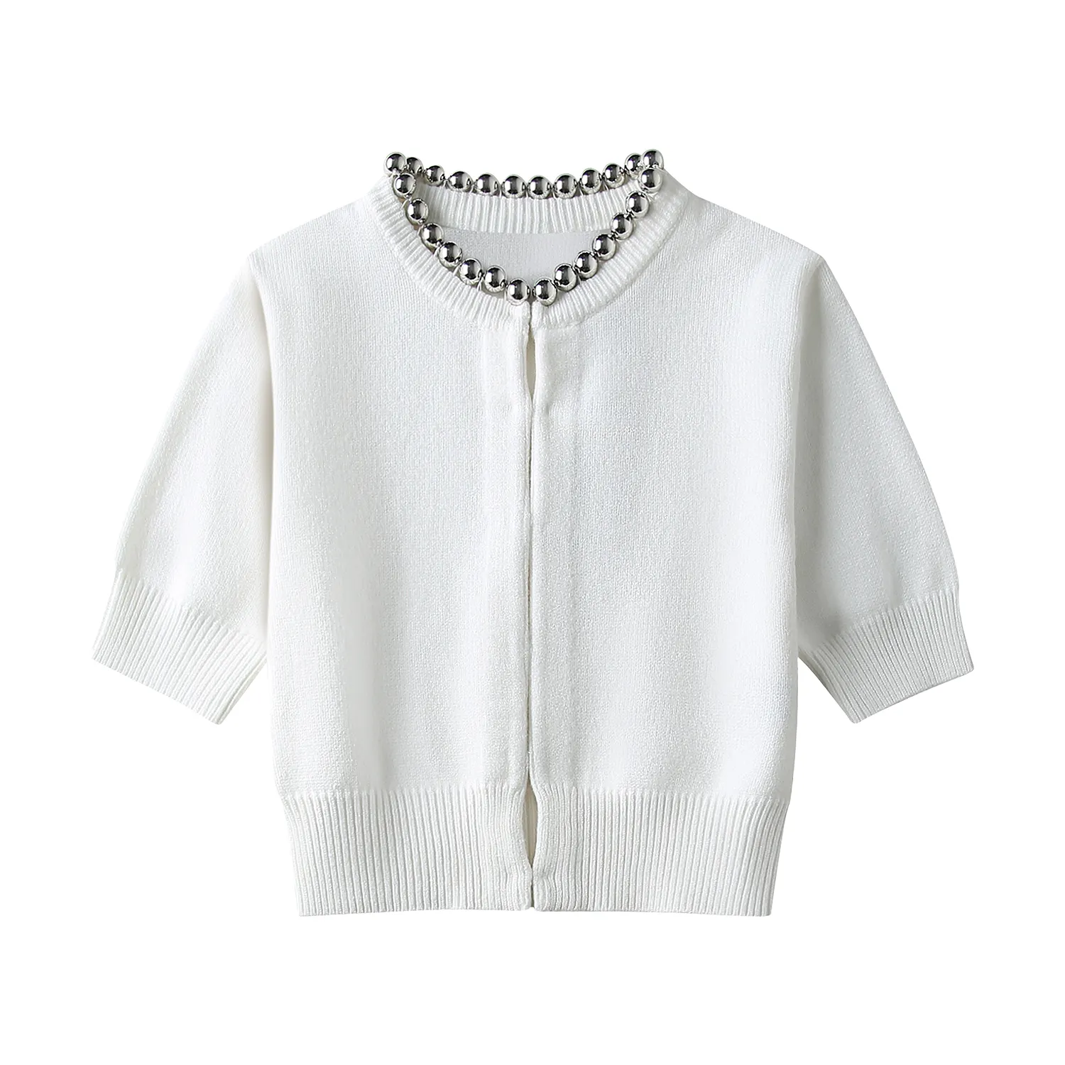 Crew neck short sleeve beading knitted casual fashion cardigan for women