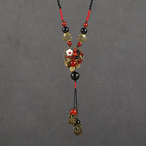 2024 Bohemian Style Women's Retro Cotton Linen Necklace Hand-Woven with Antique Silver Buckle <strong>Red</strong> Ball <strong>Red</strong> Bean Clavicle <strong>Chain</strong>