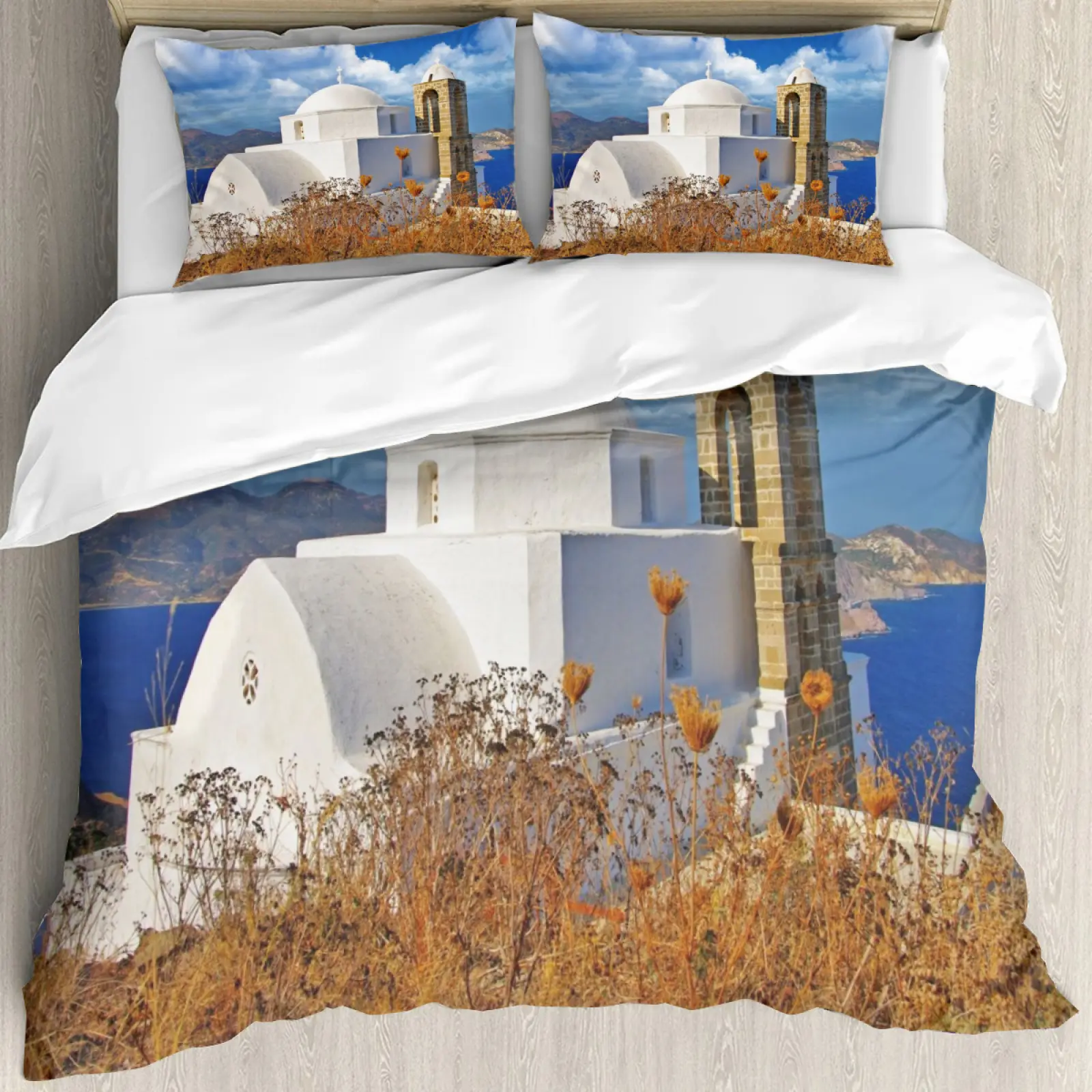 Nuovi disegni all'ingrosso Set di lenzuola Super King paesaggio greco Set di biancheria da letto con copertura di lusso stampata in 3D