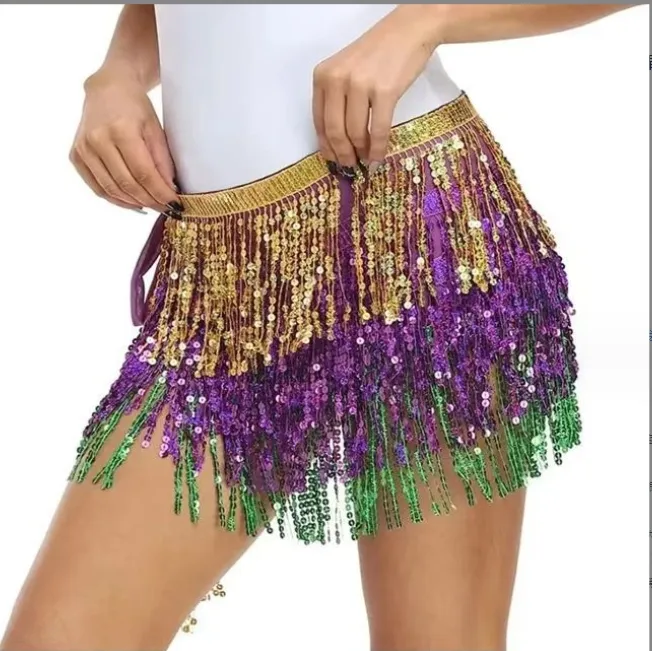 Hip bufanda Falda Mujer Mardi Gras Lentejuelas envoltura de cuentas Splash Party Parade Ball Tinsel Falda Púrpura Verde y Oro Tutu Falda