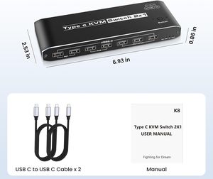 2x1 8K Thunderbolt 4 USB C <strong>KVM</strong> <strong>Switch</strong> RJ45 100W PD Charge 4K 144Hz Type C <strong>KVM</strong> <strong>Switch</strong> Switcher for 2 Computer <strong>1</strong> Monitor