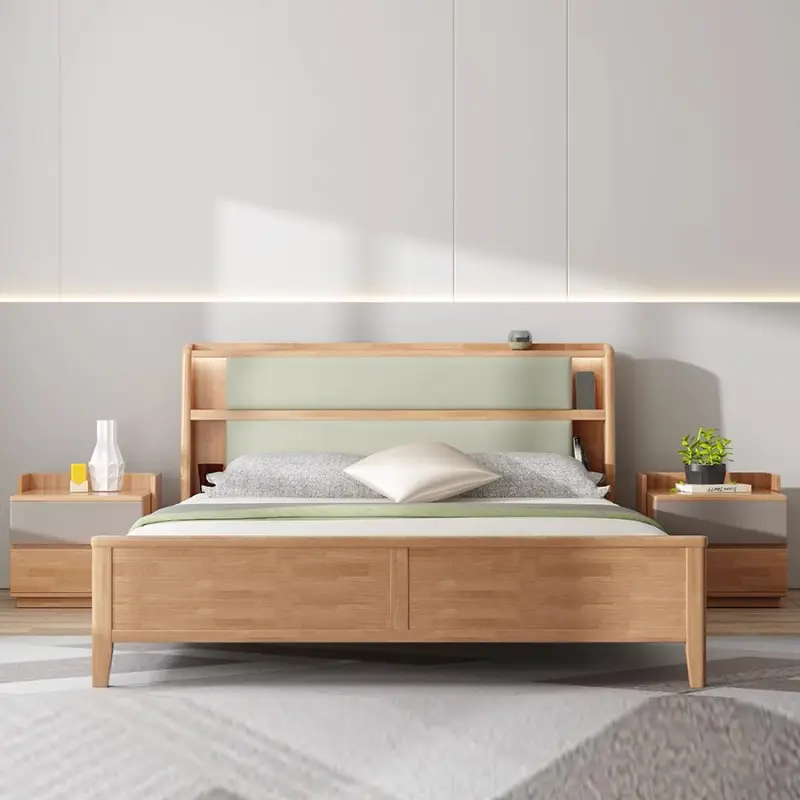 Cama estofada de madeira estilo nórdico personalizada para quarto principal, função de armazenamento de cabeçote de móveis, venda de fábrica