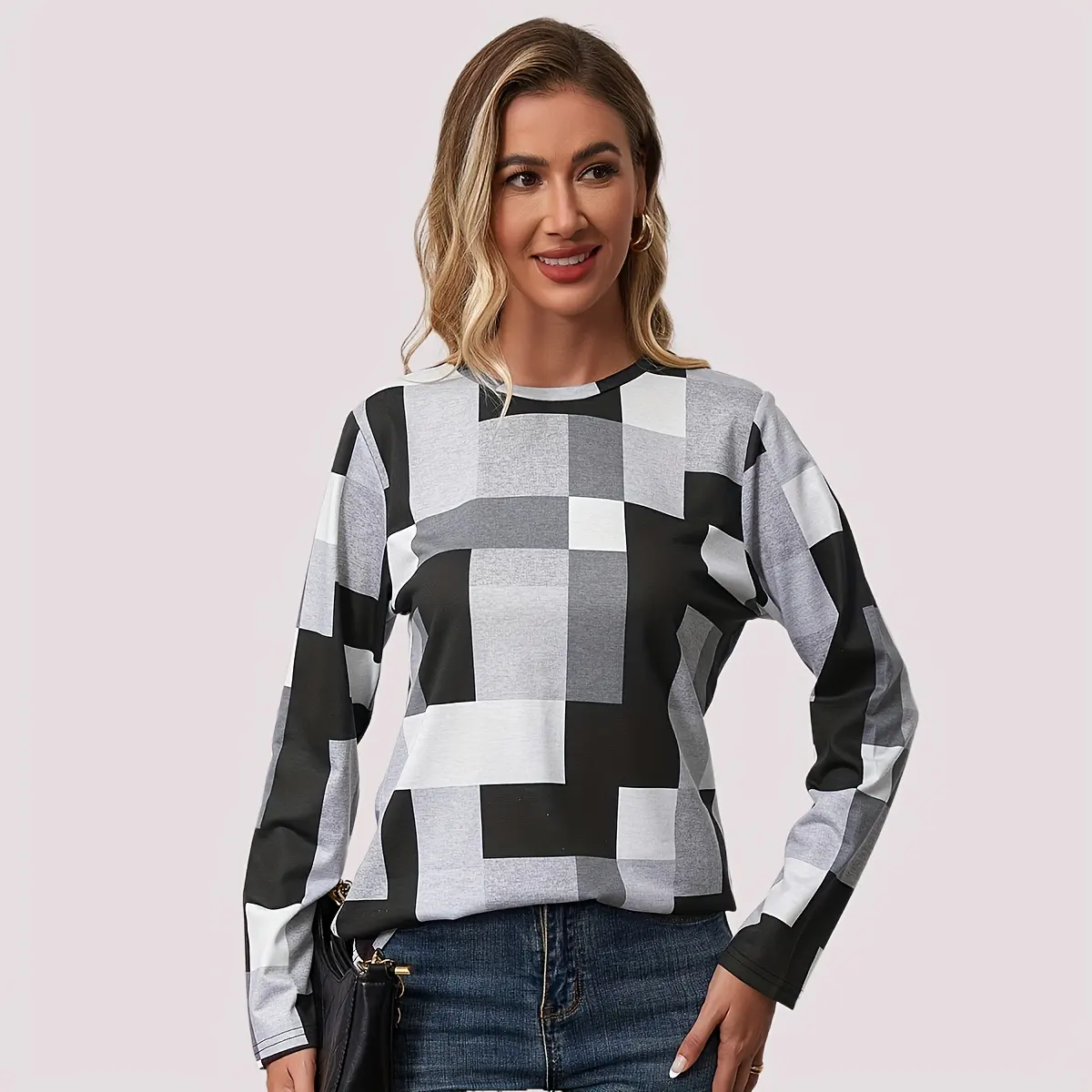 Otoño nuevo jersey cuello redondo Camiseta suelta color a juego estampado ropa de mujer de manga larga