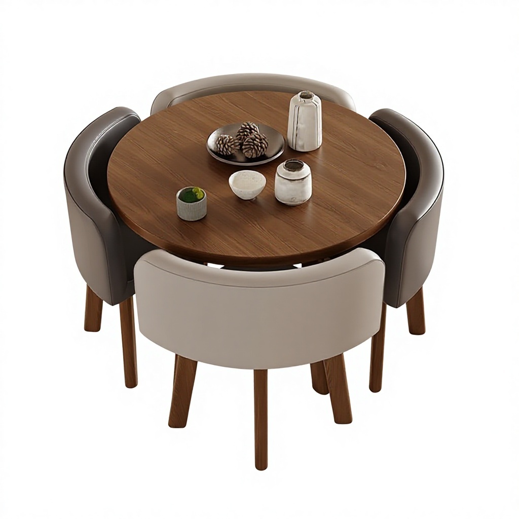 80cm walnut round table, 2 light gray, 2 dark gray chairs