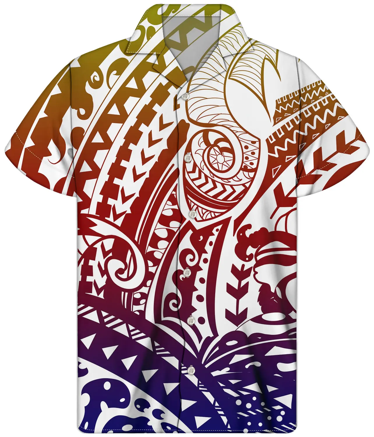 เสื้อพิมพ์ลาย Samoan เผ่าโพลีนีเซีย,เสื้อชายหาดฮาวายปกคิวบาสำหรับผู้ชายสีแดง/เทา/น้ำเงิน/น้ำตาล