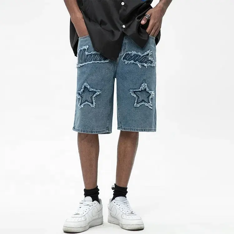 Bermuda d'homme surdimensionné personnalisé pour hommes Streetwear OEM short en coton denim déchiré avec broderie dégradée pour hommes