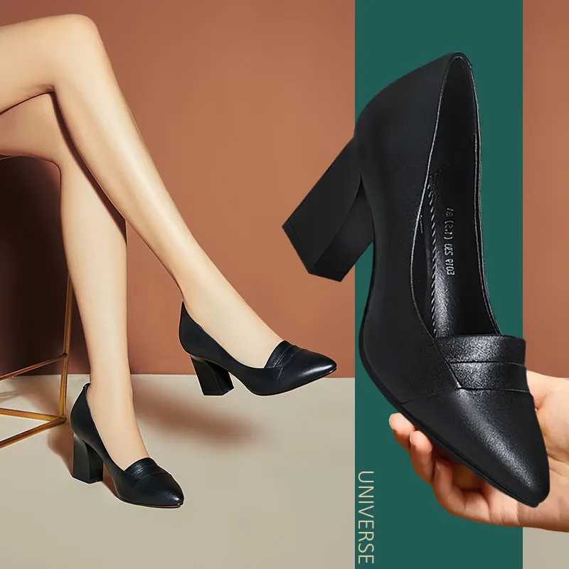Universe E019 Fancy Leather Large Size Dress Shoes Women High Block Heels Formal Shoes Pumps 2021 For Ladies