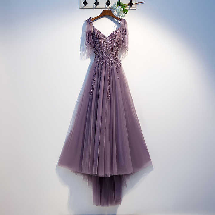 Gaun Wanita Desain Terbaru Menawan Renda Applique Leher V Lengan Pendek Ungu Gaun Pengiring Pengantin