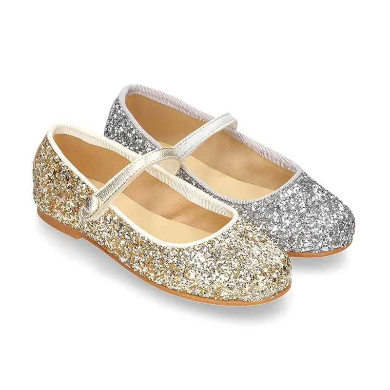 Flexible Rubber Shinny Glitter Girls Mary Jane Shoes Button Kids Girl Party Shoe For A Smart Dress