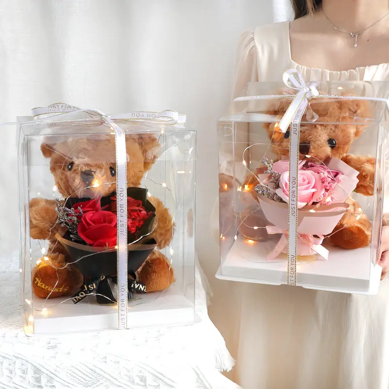 Valentijn Dozen Teddybeer Zeep Bloem Boeket Geschenkdoos Home Bruiloft Gunsten Bruiloft Decoratie Simulatie Bloem Paars