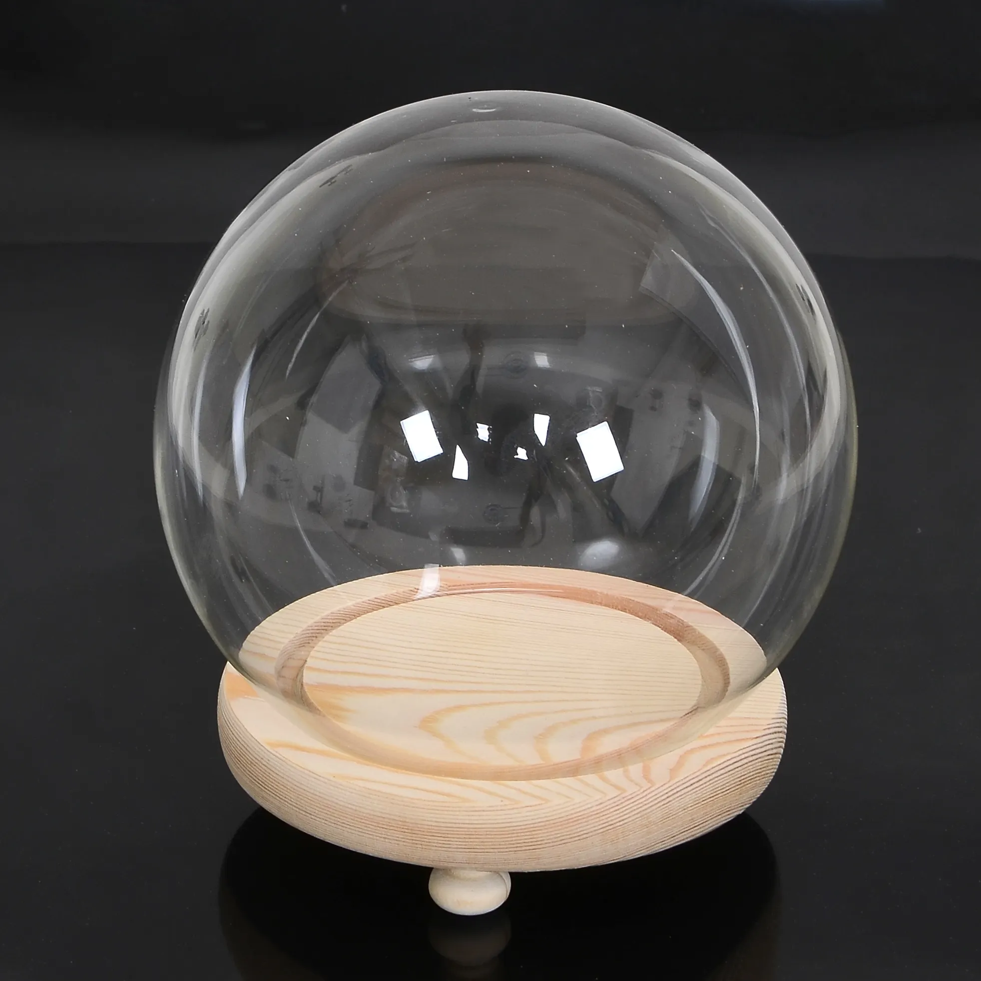 Passen Sie runde Kuppel blumen anzeige dekorative große Glas abdeckung mit Holz sockel an
