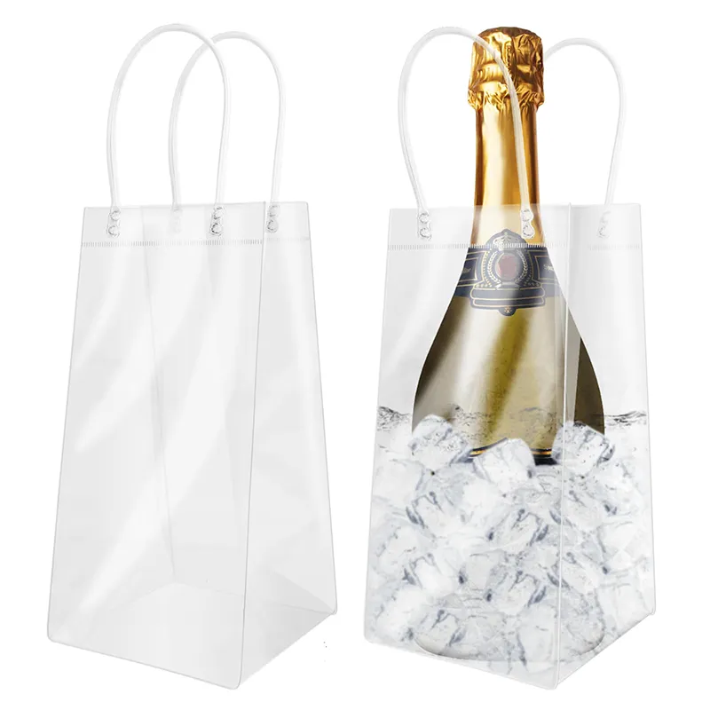 Ice Wine Bags Custom Portable Collapsible Transparent Pvc Cold Chilled Beverages Beer Wine Pouch Cooler Bags For Wine Bottle