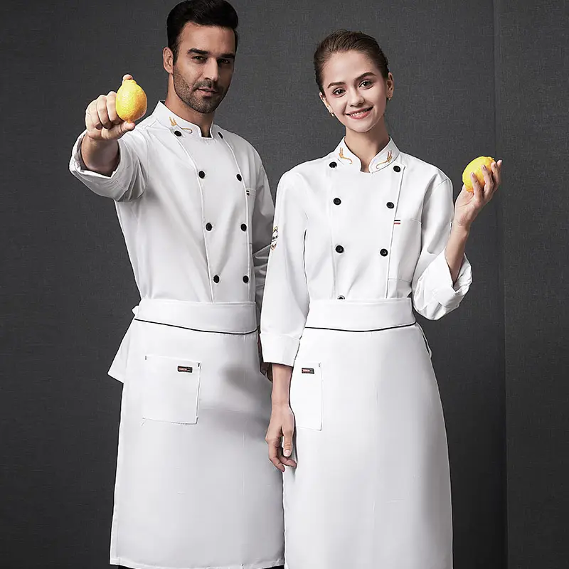 Restaurante Hotel hombres y mujeres chaqueta de cocina ajustada ropa tela blanca manga larga chef abrigo italiano chef uniforme