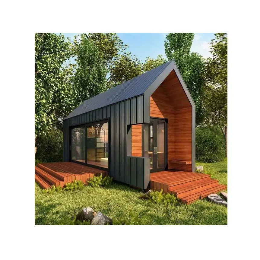 Tamamen mobilyalı prefabrik tatil evi modüler üçgen çatı sips prefabrik küçük yeşil ev satılık