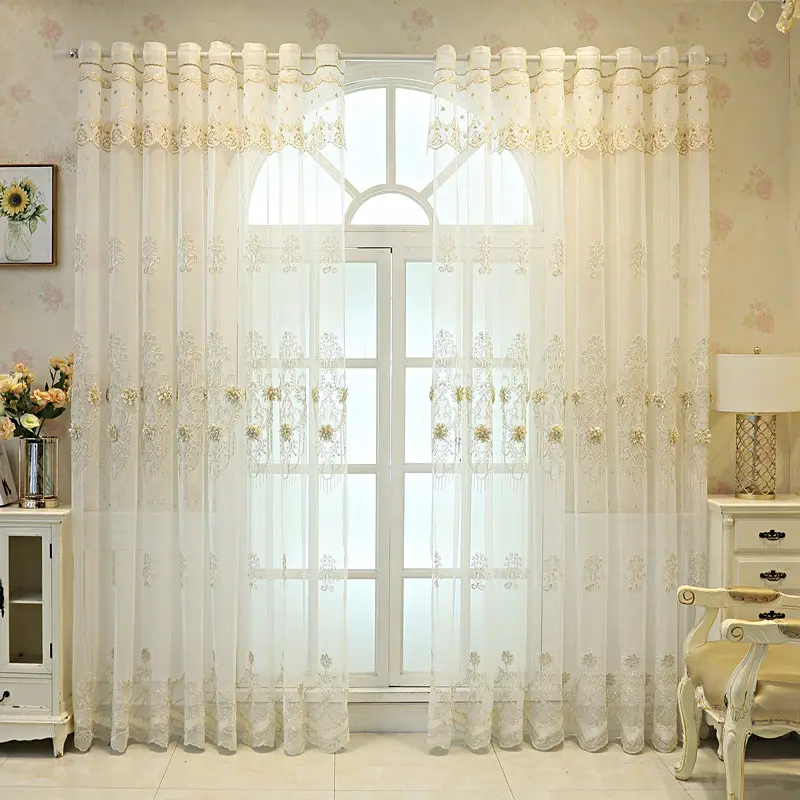 3D Rose Luxury Sheer Pearl embroidery Curtains for Girl Bedroom Living Room Drape Curtain with Floral Tulle Lace Curtains