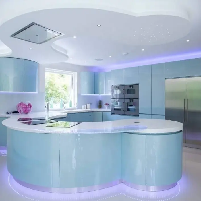 KINGV Customized High gloss kitchen Arc Island bar and PET blue color lacquer kitchen cabinets