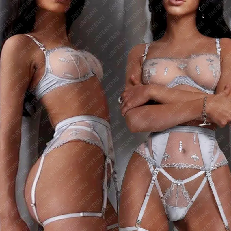 Conjunto de lencería con tirantes de encaje para mujer, conjunto de lencería Sexy de lujo con bordado transparente de cristal y fotos, 3 piezas