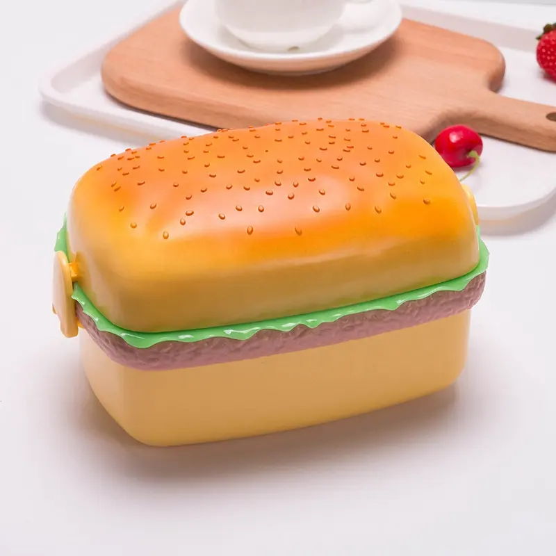 Taşınabilir üç katmanlı sevimli dikdörtgen hamburger yemek kabı es öğrenci çocuklar bento yemek kabı plastik meyve kabı karikatür lunchbox