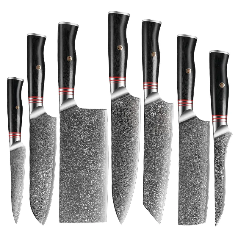 Set pisau dapur 7 buah mewah kualitas tinggi Vg-10 Damaskus inti baja 67 lapis Set pisau koki dapur