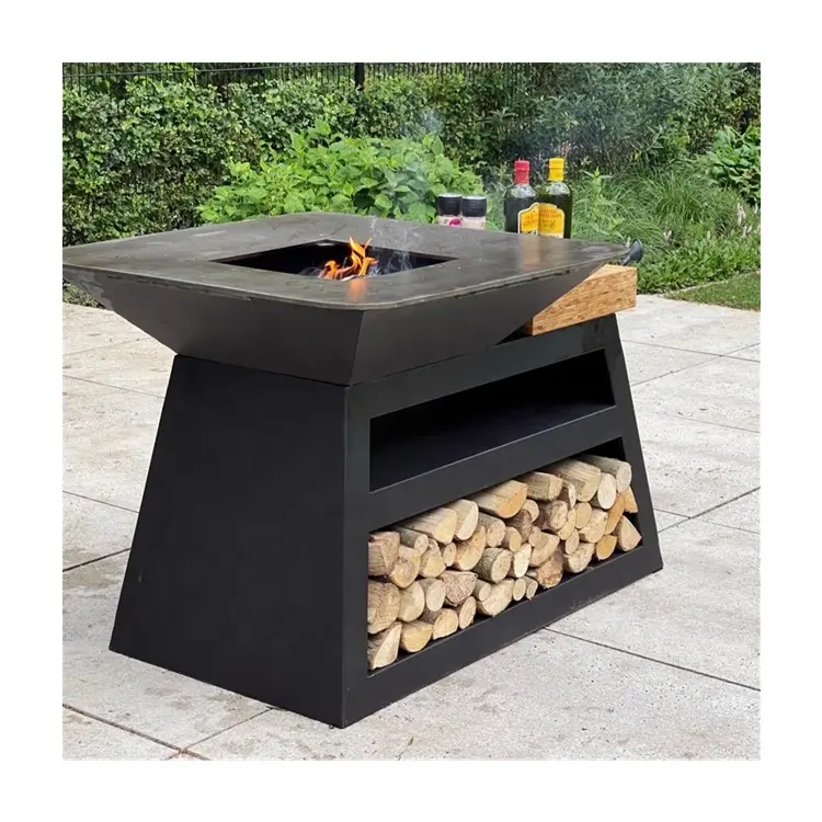 Corten स्टील bbq सेट/आउटडोर लकड़ी का कोयला bbq ग्रिल धातु बारबेक्यू ग्रिल के साथ आग गड्ढे टेबल लकड़ी