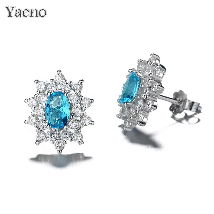 Orecchini con pietre preziose blu Aque orecchini a bottone con fiore in argento Sterling 925 per donna