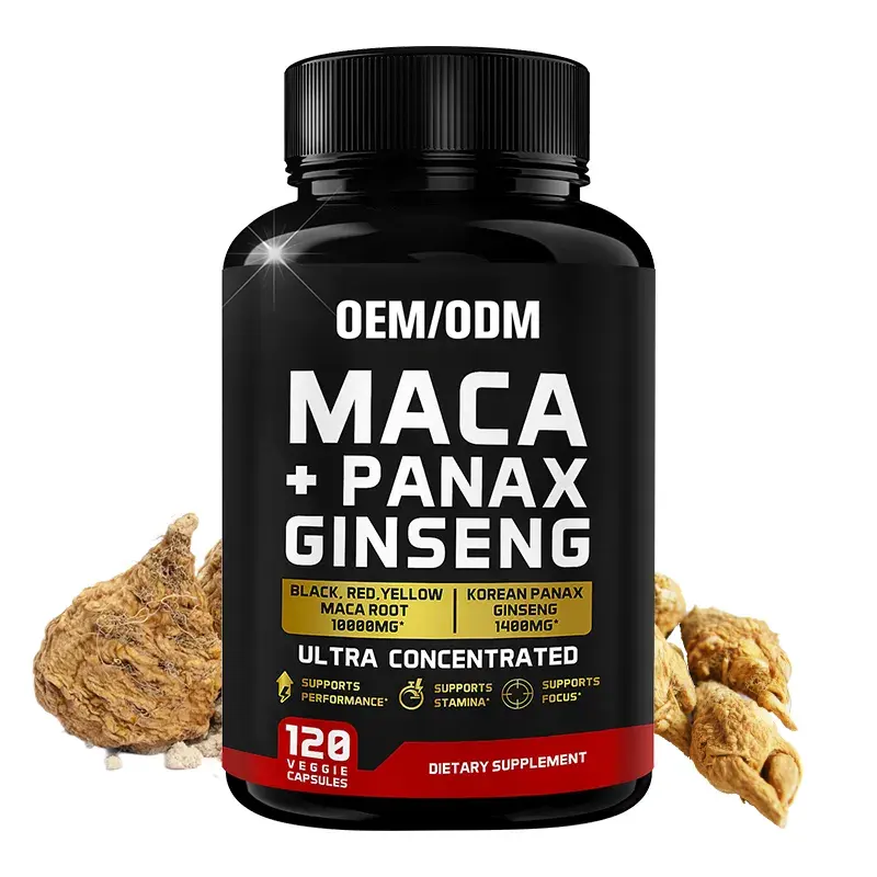 OEM yüksek kaliteli Maca kökü kapsülleri 10000 mg Panax Ginseng kapsülleri siyah kırmızı sarı Maca kökü takviyesi