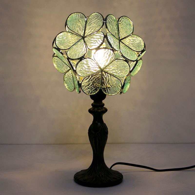 LongHuiJing Tiffany Stained Glass Bedside Lamp Antique Pink Petals Copper Style Table Lamps Metal Base Reading Desk Light