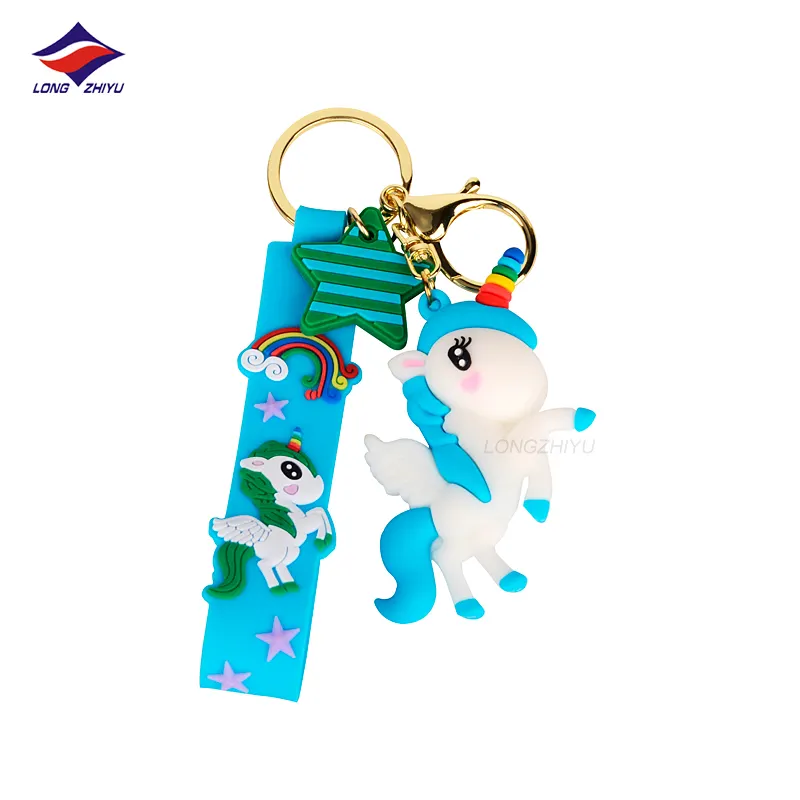 Longzhiyu Custom 3D Soft PVC Unicorn Keychains White Rainbow Horse Keyrings Bag Pendant for Gifts