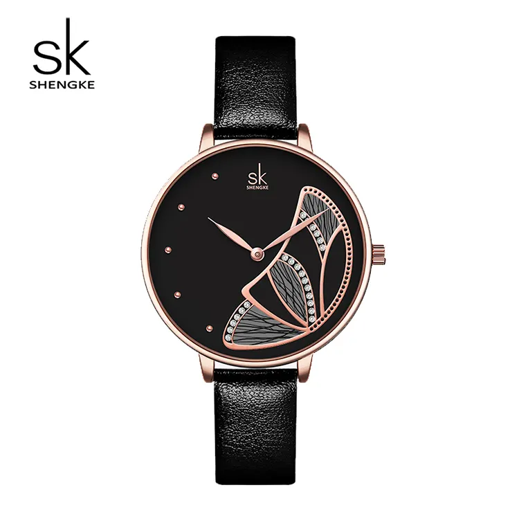 Часы наручные Shengke женские кварцевые, модные роскошные водонепроницаемые, с кожаным ремешком, черные, K0118