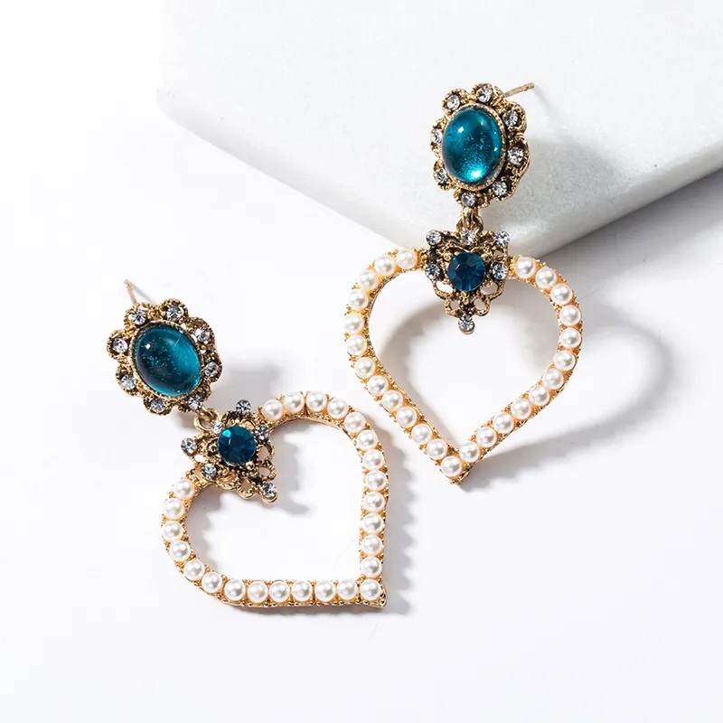Anting-anting mutiara antik unik berlapis emas kualitas tinggi perhiasan anting-anting bentuk hati cinta geometris untuk wanita